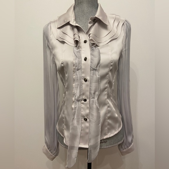 dobo Tops - Romantic Satin Icy Silver Blouse